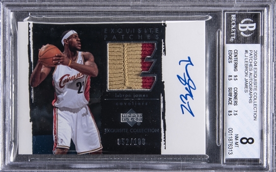 2003-04 UD "Exquisite Collection" Patches Autographs #LJ LeBron James Signed Game Used Patch Rookie Card (#052/100) – BGS NM-MT 8/BGS 10